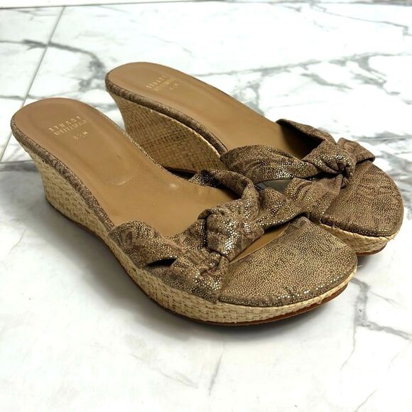 Stuart Weitzman Woven Straw Wedge Sandals with Metallic Details Size 8.5M - Picture 1 of 11